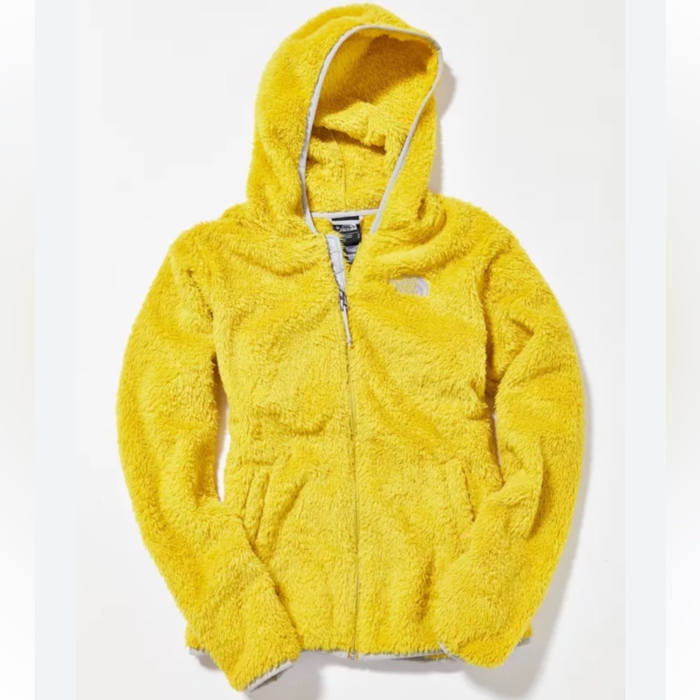 Fuzzy bright yellow north face hoodie zip up, size medium